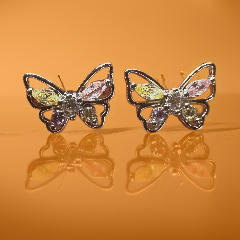 Silver Butterfly Earrings with Multicolor Accents